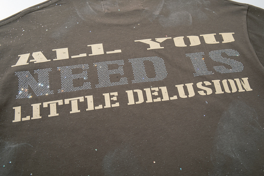 All You Need Is Little Delusion Taupe‑Washed Figure Art Double‑Sided Graphic Print Crew Neck Streetwear T‑Shirt