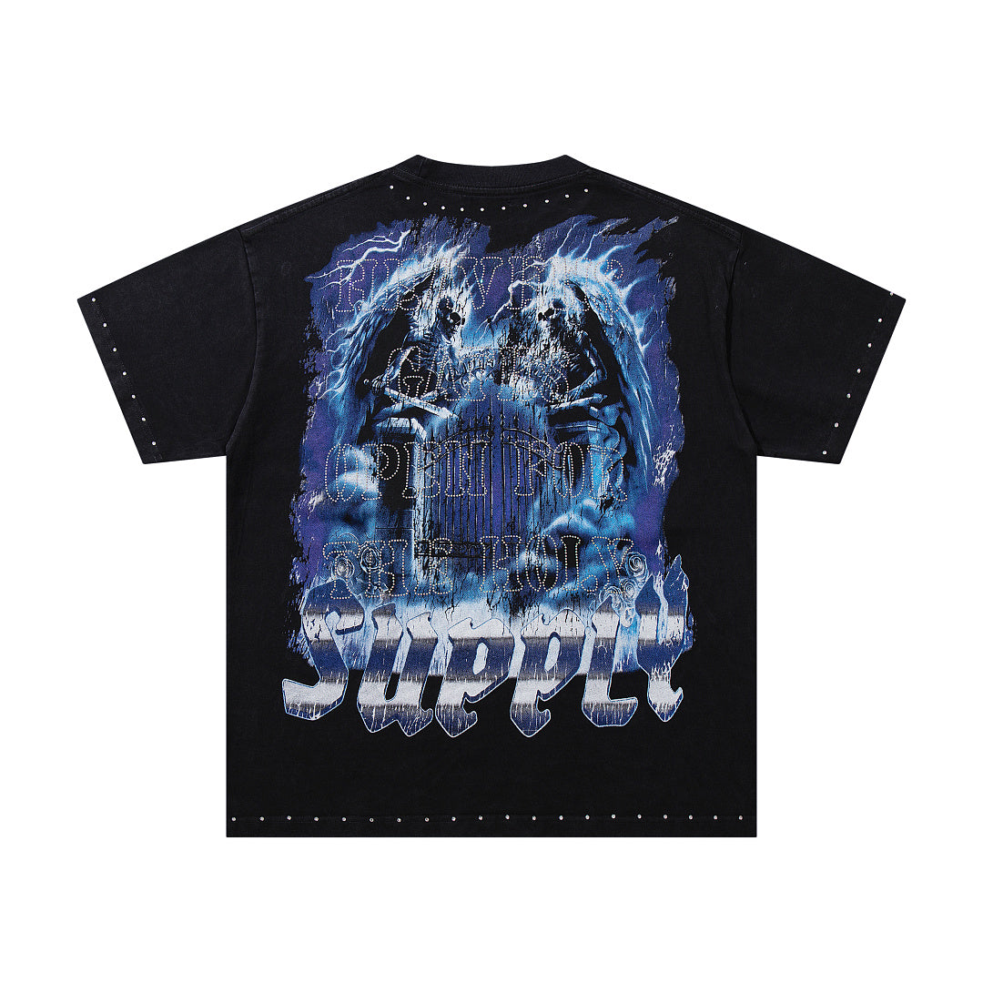 Melting Heart Black Vintage‑Washed Double‑Sided Graphic Print Crew‑Neck Streetwear T‑Shirt