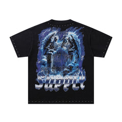 Melting Heart Black Vintage‑Washed Double‑Sided Graphic Print Crew‑Neck Streetwear T‑Shirt
