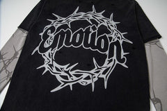 Thorn Letter Graphic Fake Two‑Piece Long Sleeve T‑Shirt Streetwear Top