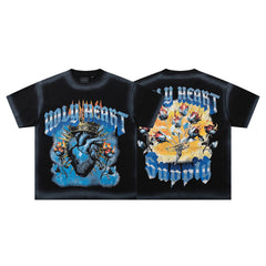 World Might Survive Black‑Washed Double‑Sided Graphic Print Crew‑Neck Streetwear T‑Shirt