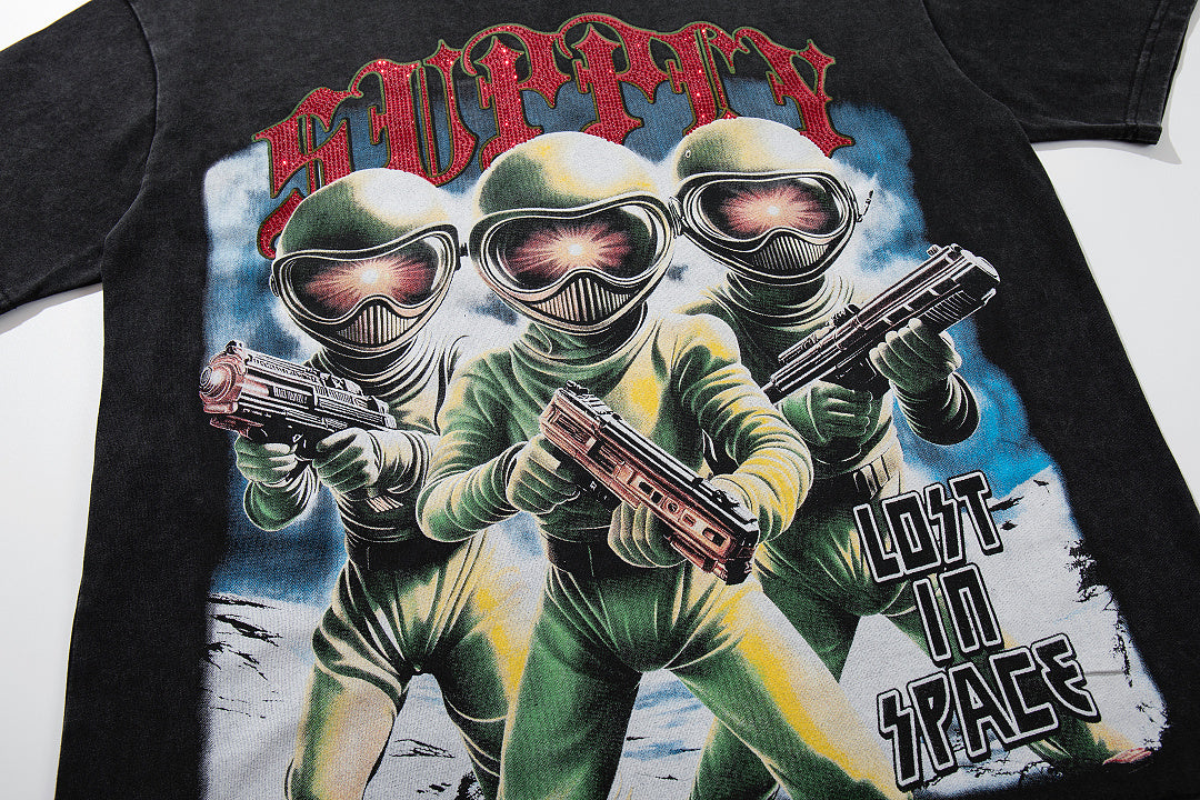Soldier Troop Black Vintage‑Washed Double‑Sided Graphic Print Crew‑Neck Streetwear T‑Shirt