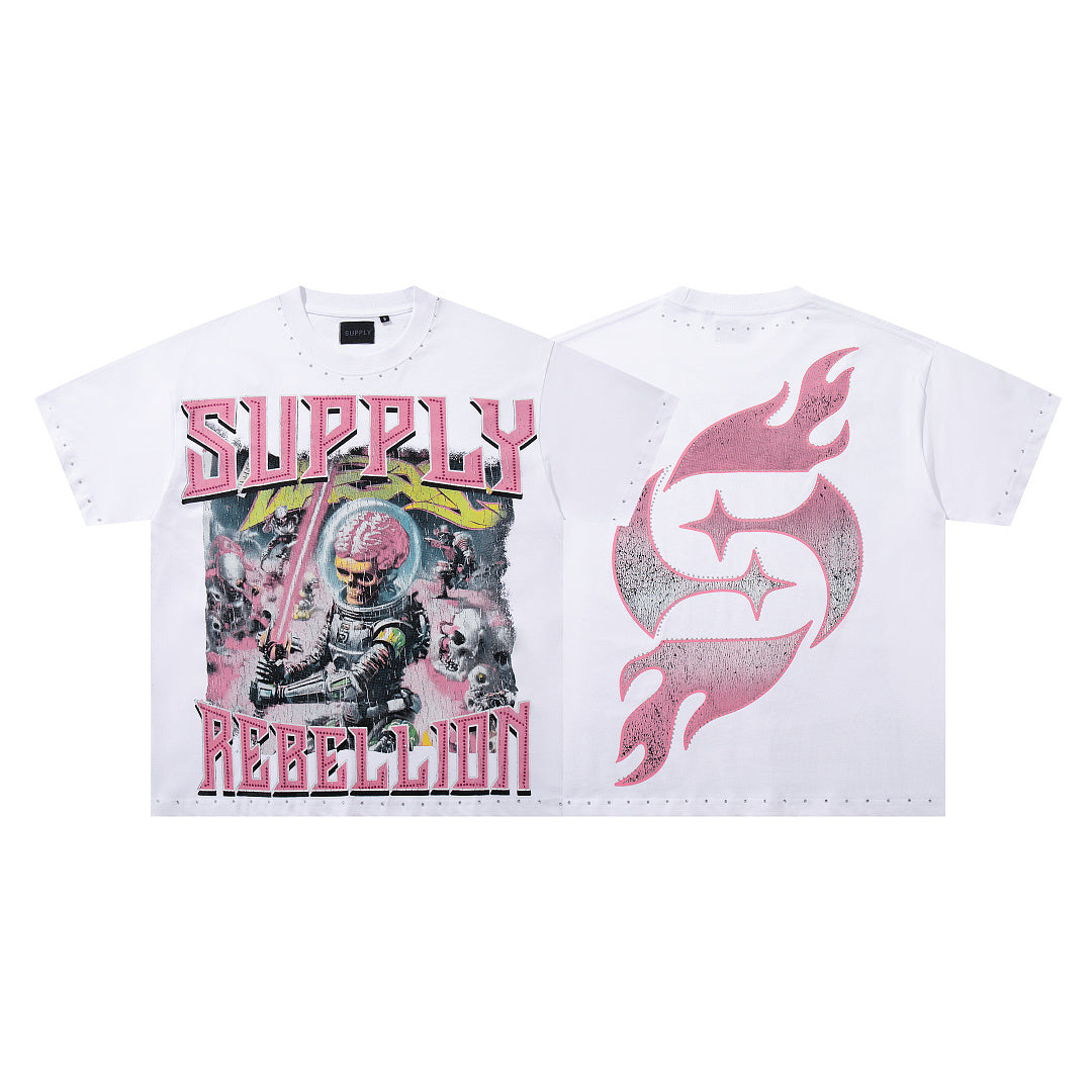 Rebel Skull White Vintage‑Washed Double‑Sided Graphic Print Crew‑Neck Streetwear T‑Shirt