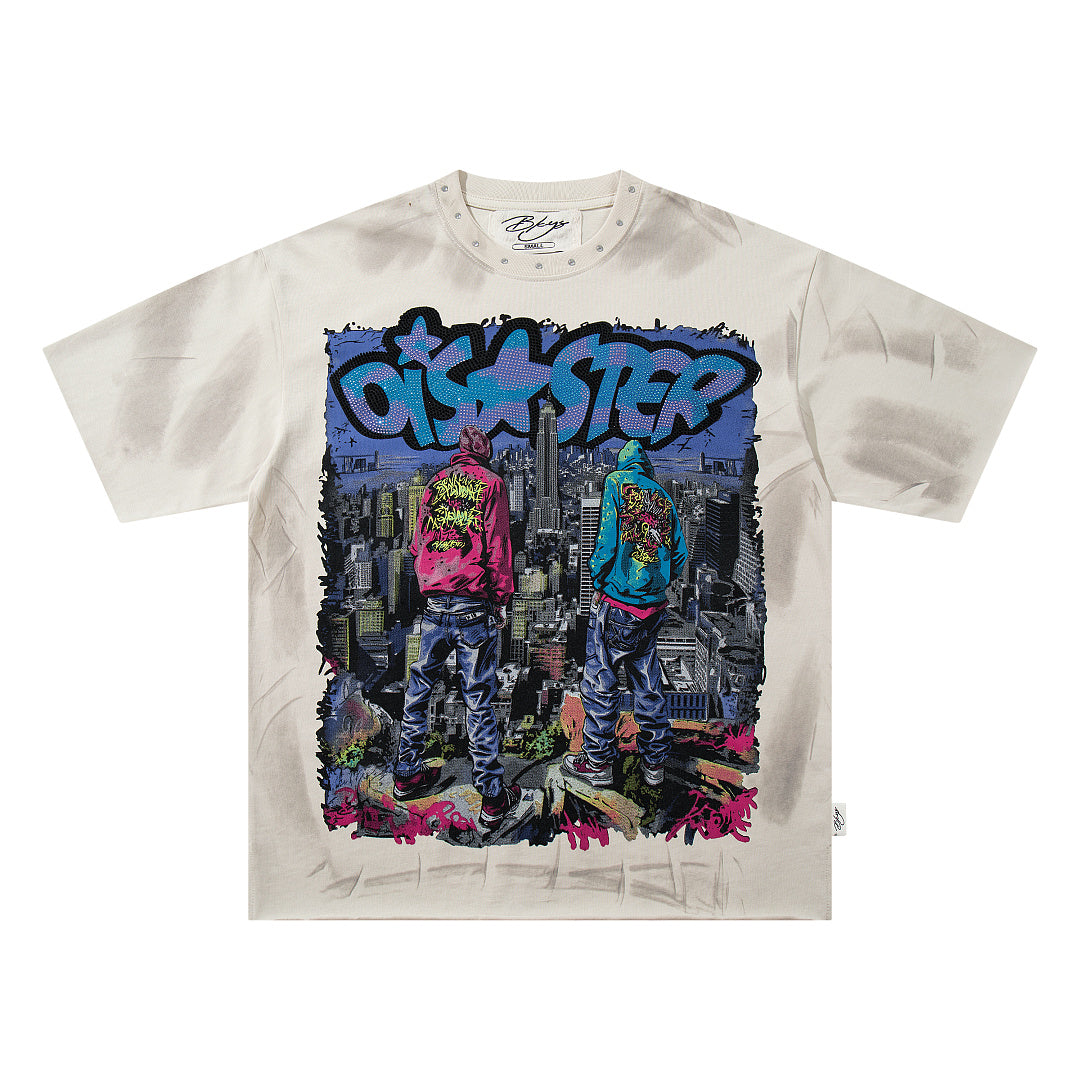 No Peace Graffiti Robot Off‑White Washed Double‑Sided Graphic Print Crew Neck Streetwear T‑Shirt