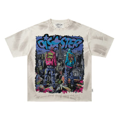 No Peace Graffiti Robot Off‑White Washed Double‑Sided Graphic Print Crew Neck Streetwear T‑Shirt
