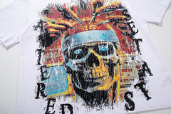 Tribal Skull White Vintage‑Washed Double‑Sided Graphic Print Crew‑Neck Streetwear T‑Shirt