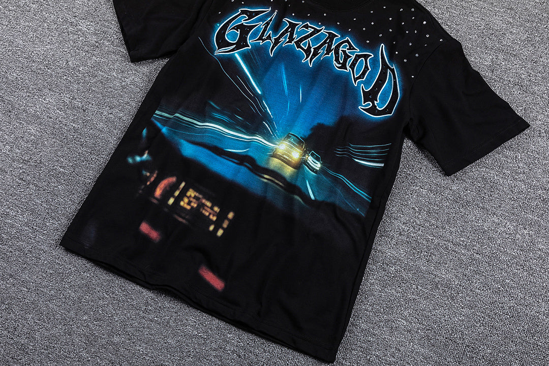 Glazagod "Destiny Is A Choice" Blue‑Cyan Double‑Sided Graphic Print Crew Neck Streetwear T‑Shirt