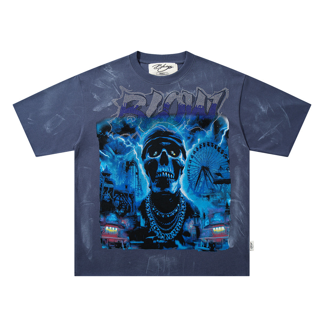 Sweep Sins Away Blue‑Toned Portrait Double‑Sided Graphic Print Crew Neck Streetwear T‑Shirt