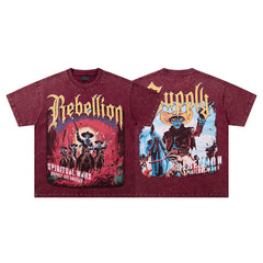 Rebellion Double‑Sided Graphic Print Burgundy‑Washed Crew‑Neck Streetwear T‑Shirt