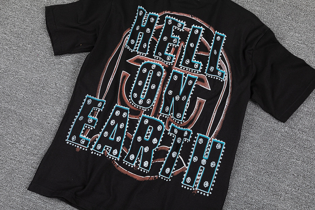 Glazagod Black Retro Fire Earth Gothic Graphic Print Crew Neck Streetwear T‑Shirt