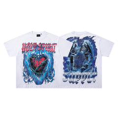 Melting Heart White Vintage‑Washed Double‑Sided Graphic Print Crew‑Neck Streetwear T‑Shirt