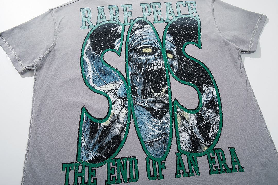 Rare Peace SOS The End Of An Era Light‑Grey Washed Double‑Sided Graphic Print Crew‑Neck Streetwear T‑Shirt