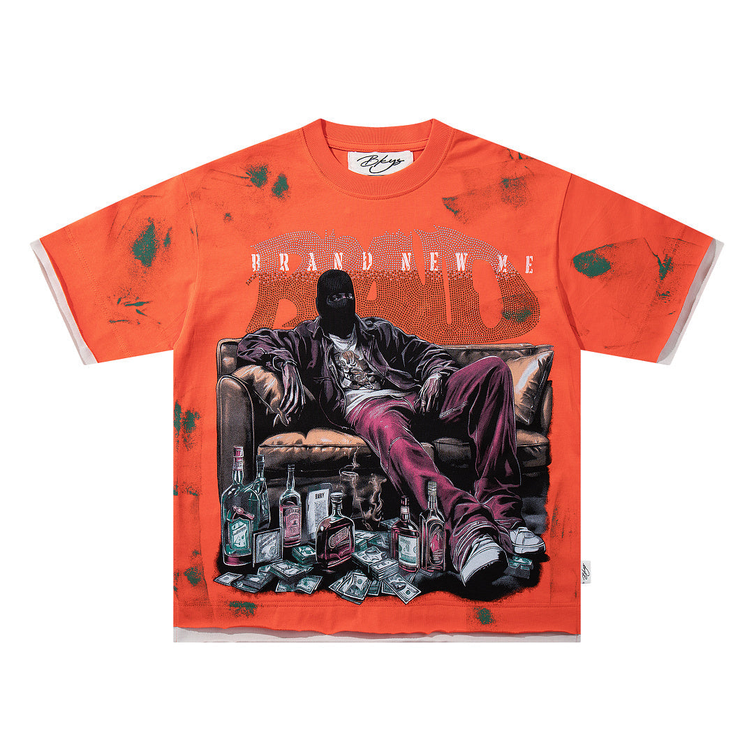 Orange Washed Figure Portrait Double‑Sided Graphic Print Crew Neck Streetwear T‑Shirt