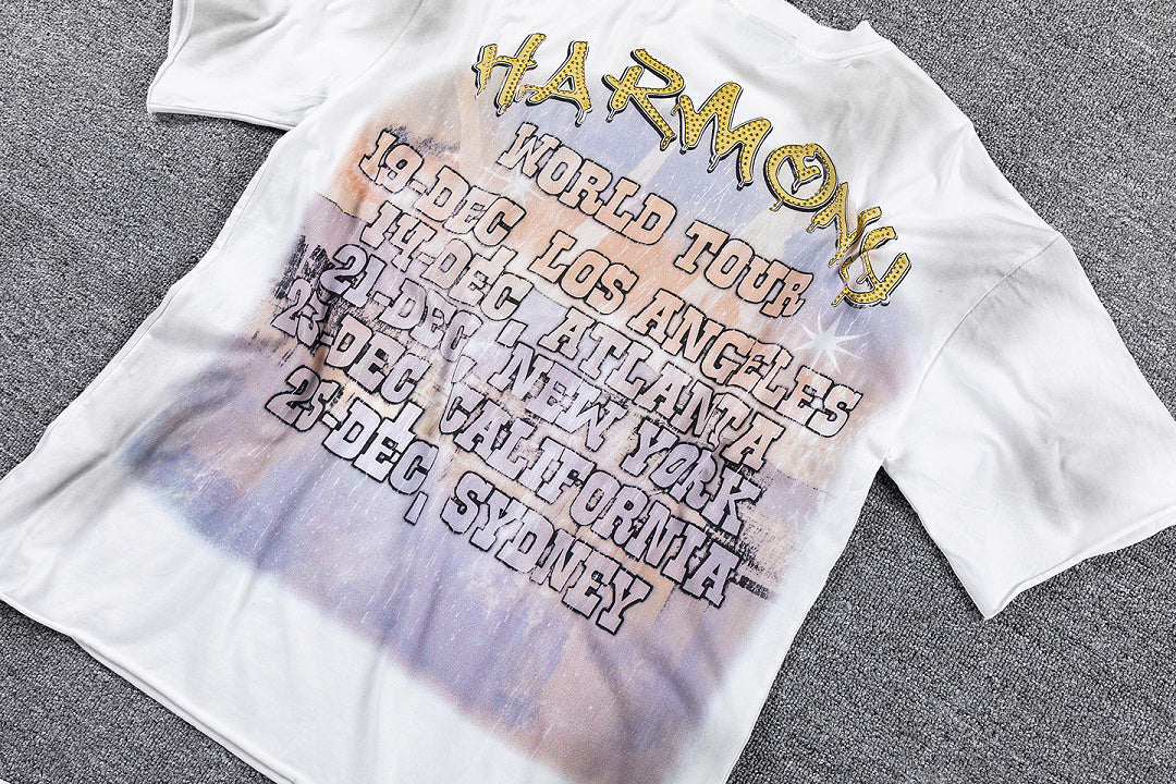 HVM Harmony Statue Portrait Tie‑Dye White Double‑Sided Graphic Print Crew Neck Streetwear T‑Shirt