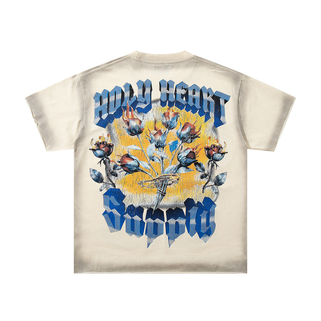 World Might Survive Off‑White Vintage‑Washed Double‑Sided Graphic Print Crew‑Neck Streetwear T‑Shirt