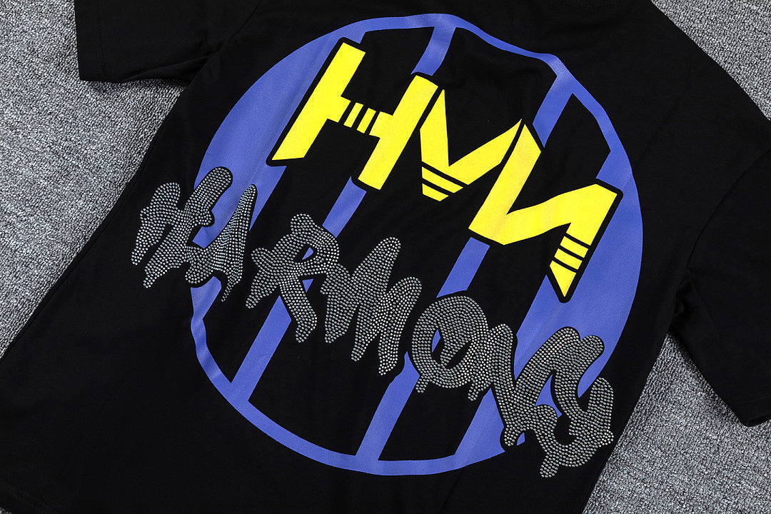 HVM Harmony Golden Flame Figure Black Double‑Sided Graphic Print Crew Neck Streetwear T‑Shirt