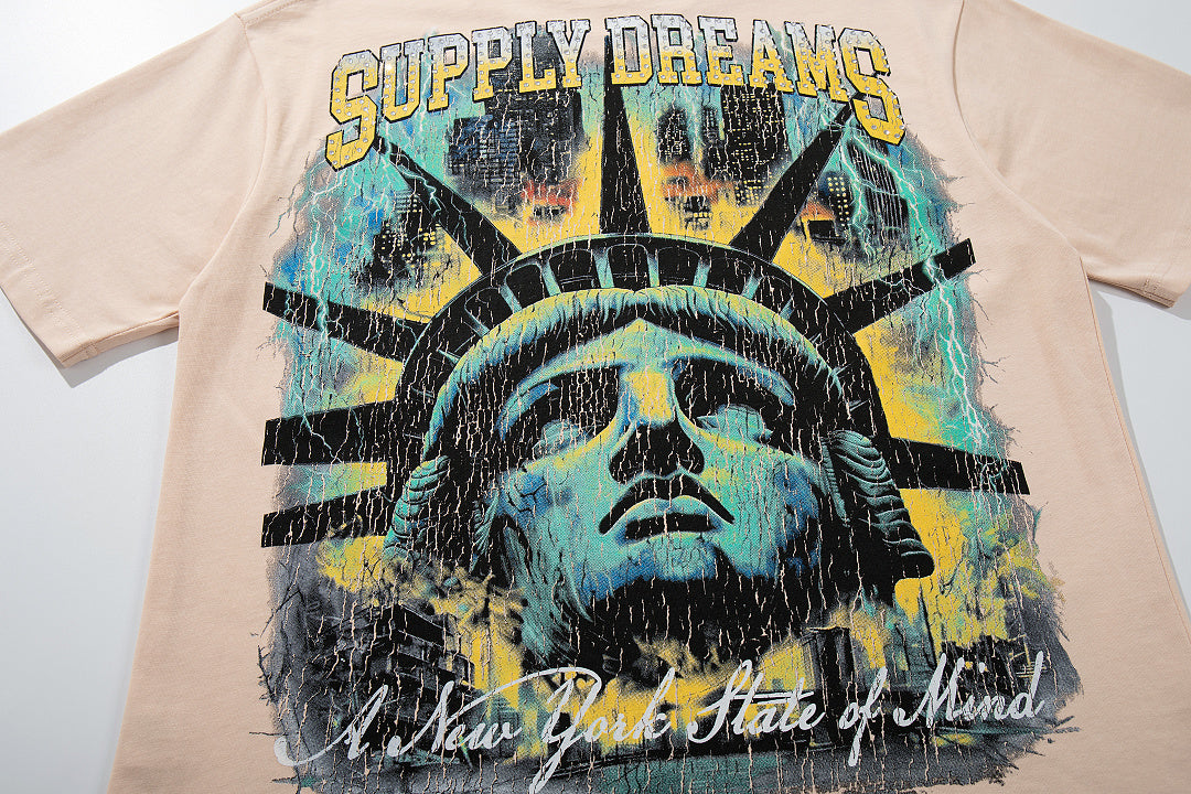 Statue Of Liberty Beige Vintage‑Washed Double‑Sided Graphic Print Crew‑Neck Streetwear T‑Shirt
