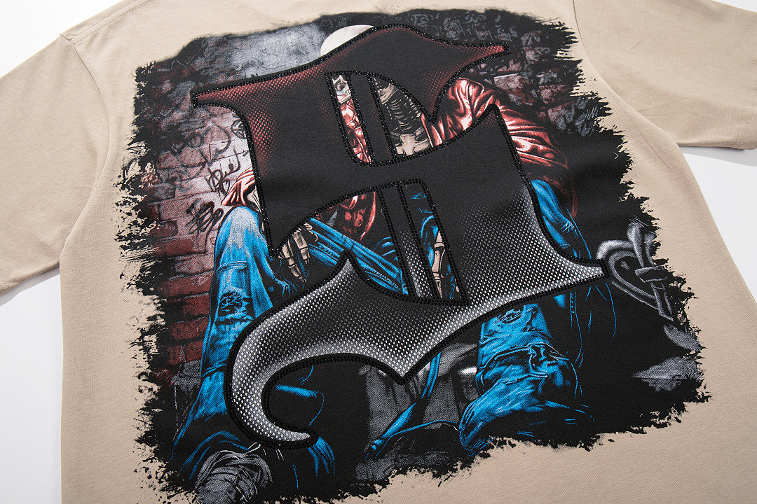 Grim Reaper Skeleton Beige Vintage‑Washed Double‑Sided Graphic Print Crew‑Neck Streetwear T‑Shirt