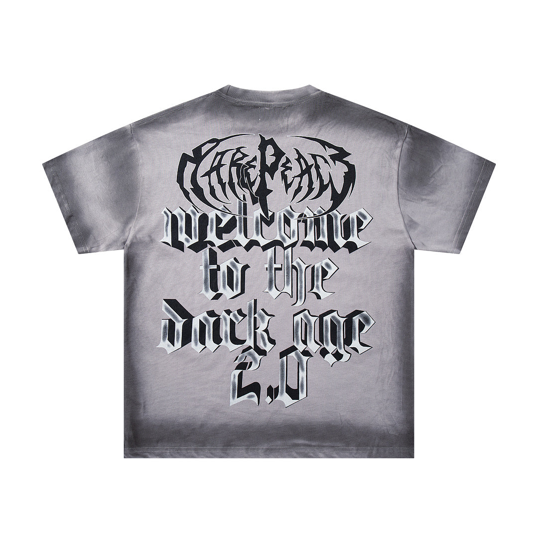Trust No One Dark‑Age 2.0 Grey Washed Double‑Sided Graphic Print Crew‑Neck Streetwear T‑Shirt