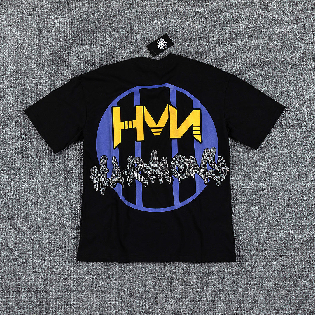 HVM Harmony Golden Flame Figure Black Double‑Sided Graphic Print Crew Neck Streetwear T‑Shirt