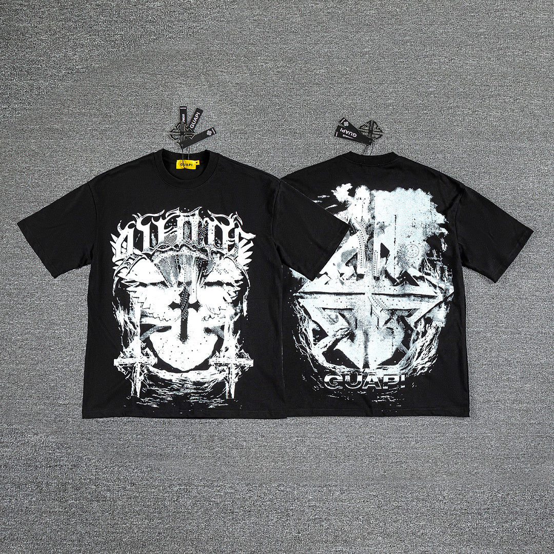Gothic Cross Skull Double‑Sided Graphic Print Crew Neck Streetwear T‑Shirt