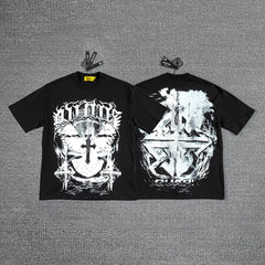 Gothic Cross Skull Double‑Sided Graphic Print Crew Neck Streetwear T‑Shirt