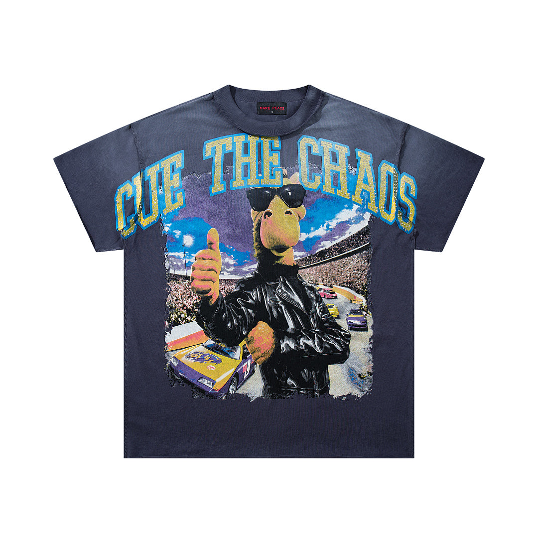 Cut The Chaos Navy‑Washed Double‑Sided Graphic Print Crew‑Neck Streetwear T‑Shirt