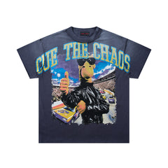 Cut The Chaos Navy‑Washed Double‑Sided Graphic Print Crew‑Neck Streetwear T‑Shirt