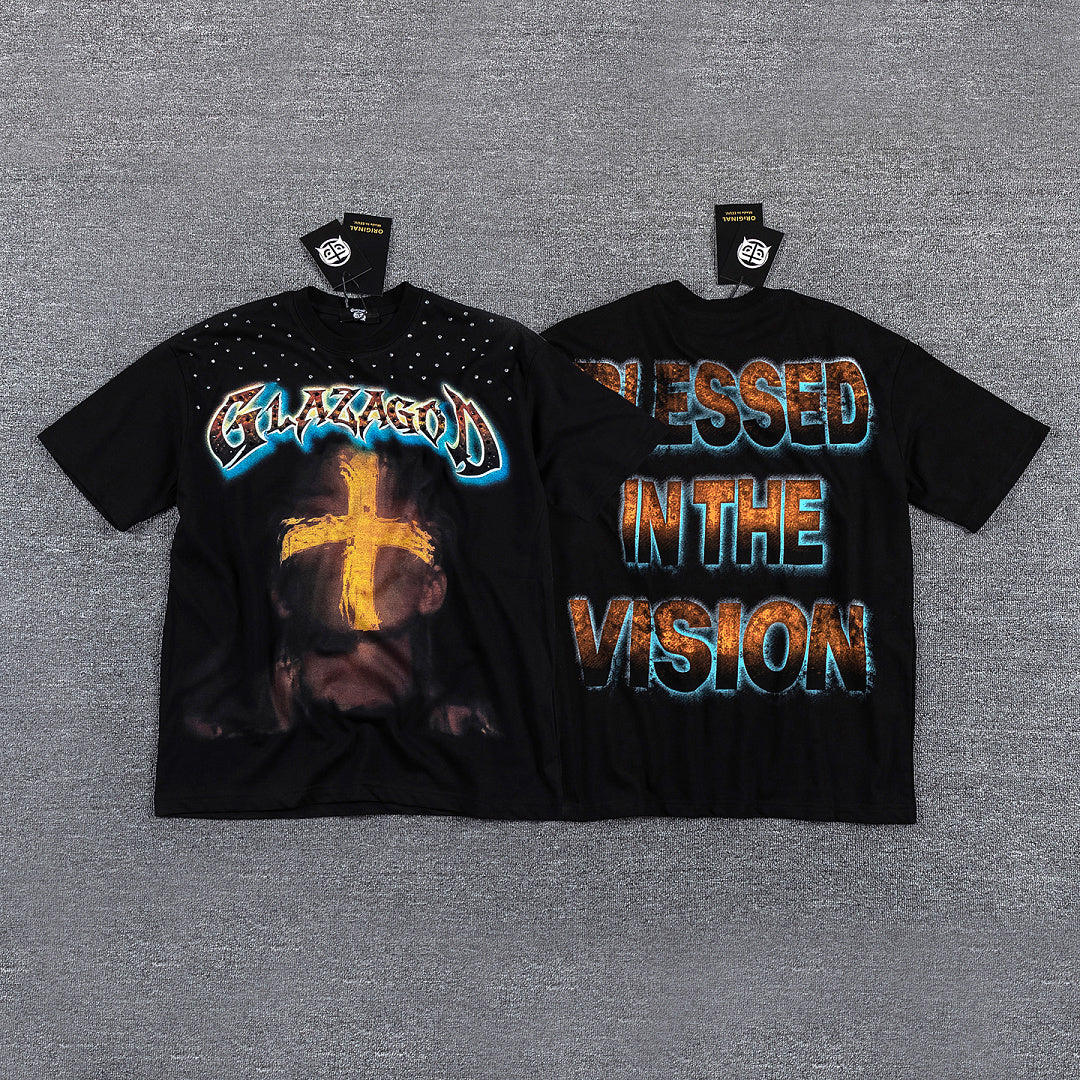 Glazagod Golden Cross Blessed In The Vision Double‑Sided Graphic Print Crew Neck Streetwear T‑Shirt