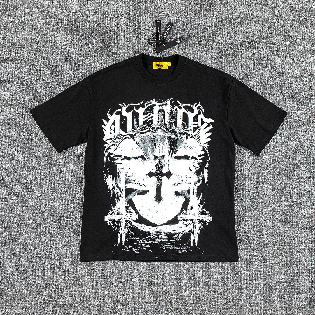 Gothic Cross Skull Double‑Sided Graphic Print Crew Neck Streetwear T‑Shirt
