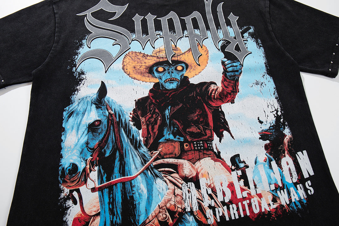 Rebellion Double‑Sided Graphic Print Black‑Washed Crew‑Neck Streetwear T‑Shirt