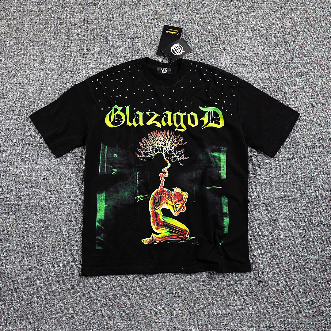 Glazagod Green‑Yellow "VADE RETRO TENEBRAS" Double‑Sided Graphic Print Crew Neck Streetwear T‑Shirt