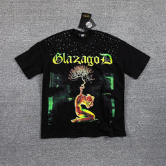 Glazagod Green‑Yellow "VADE RETRO TENEBRAS" Double‑Sided Graphic Print Crew Neck Streetwear T‑Shirt
