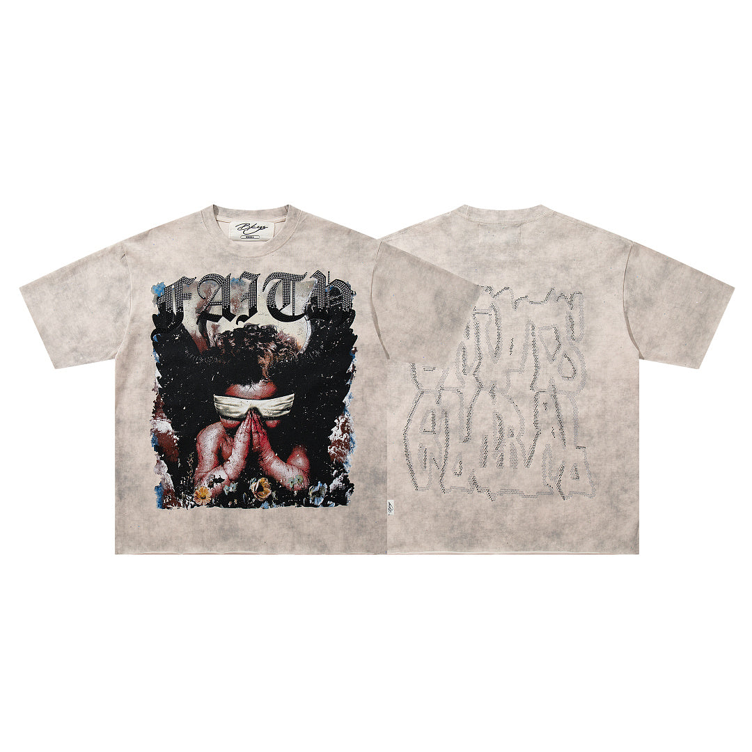 Angel Figure Dripping‑Letter Off‑White Washed Double‑Sided Graphic Print Crew‑Neck Streetwear T‑Shirt