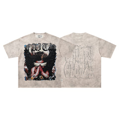 Angel Figure Dripping‑Letter Off‑White Washed Double‑Sided Graphic Print Crew‑Neck Streetwear T‑Shirt