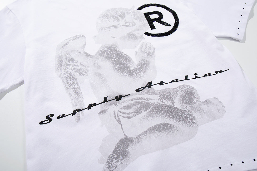 Vintage Kneeling Angel White Double‑Sided Graphic Print Crew‑Neck Streetwear T‑Shirt