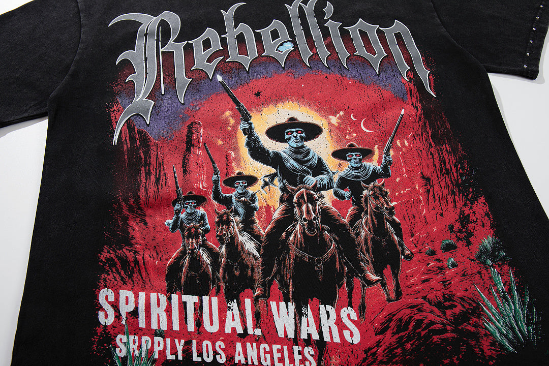 Rebellion Double‑Sided Graphic Print Black‑Washed Crew‑Neck Streetwear T‑Shirt