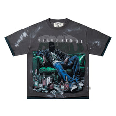 Teal Figure Portrait Double‑Sided Graphic Print Crew Neck Streetwear T‑Shirt