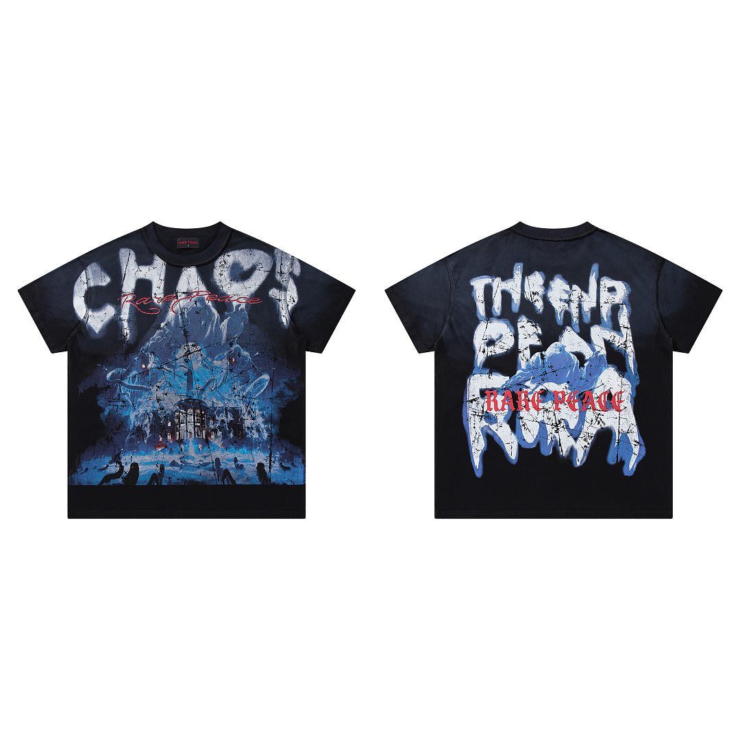 Chaos Mountain Black‑Washed Double‑Sided Graphic Print Crew‑Neck Streetwear T‑Shirt