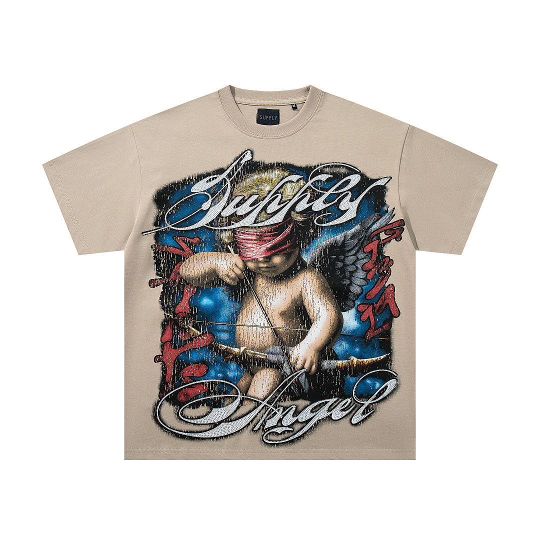 Vintage Tempted Angel Beige Vintage‑Washed Double‑Sided Graphic Print Crew‑Neck Streetwear T‑Shirt