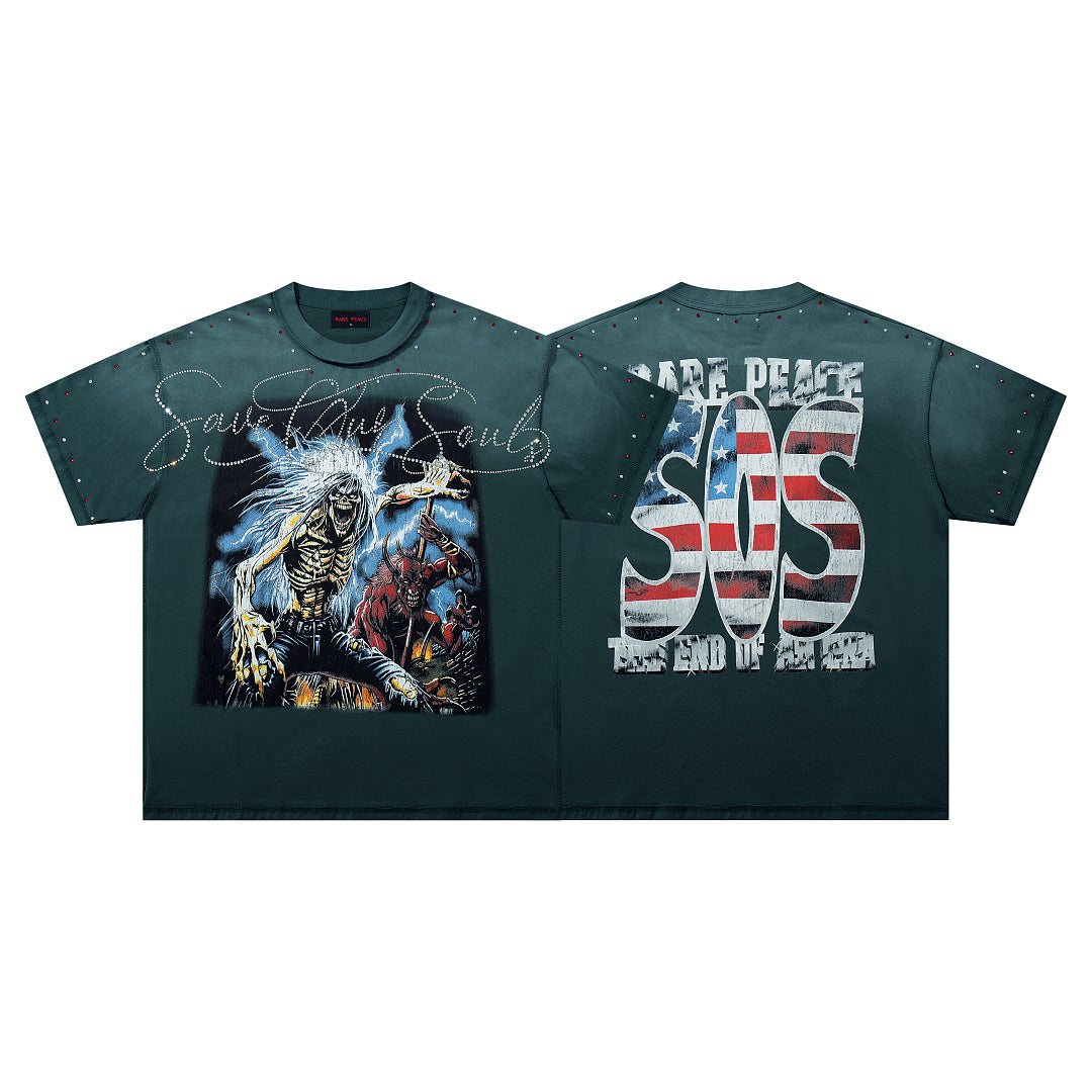 Save Our Souls Dark‑Green Washed Double‑Sided Graphic Print Crew‑Neck Streetwear T‑Shirt