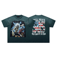 Save Our Souls Dark‑Green Washed Double‑Sided Graphic Print Crew‑Neck Streetwear T‑Shirt