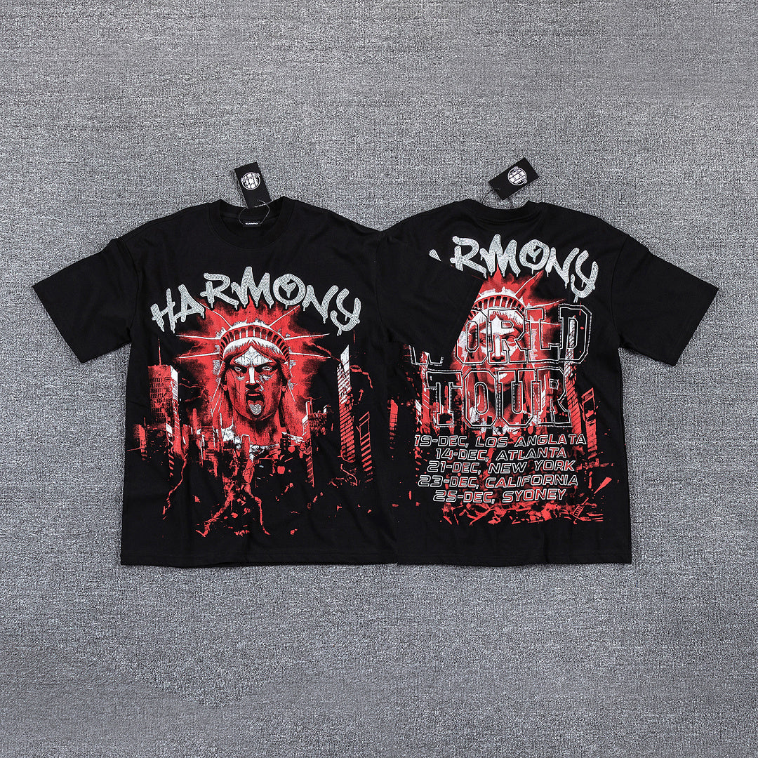 HVM Harmony Red Dark Portrait Black Double‑Sided Graphic Print Crew Neck Streetwear T‑Shirt