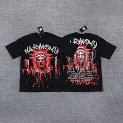 HVM Harmony Red Dark Portrait Black Double‑Sided Graphic Print Crew Neck Streetwear T‑Shirt