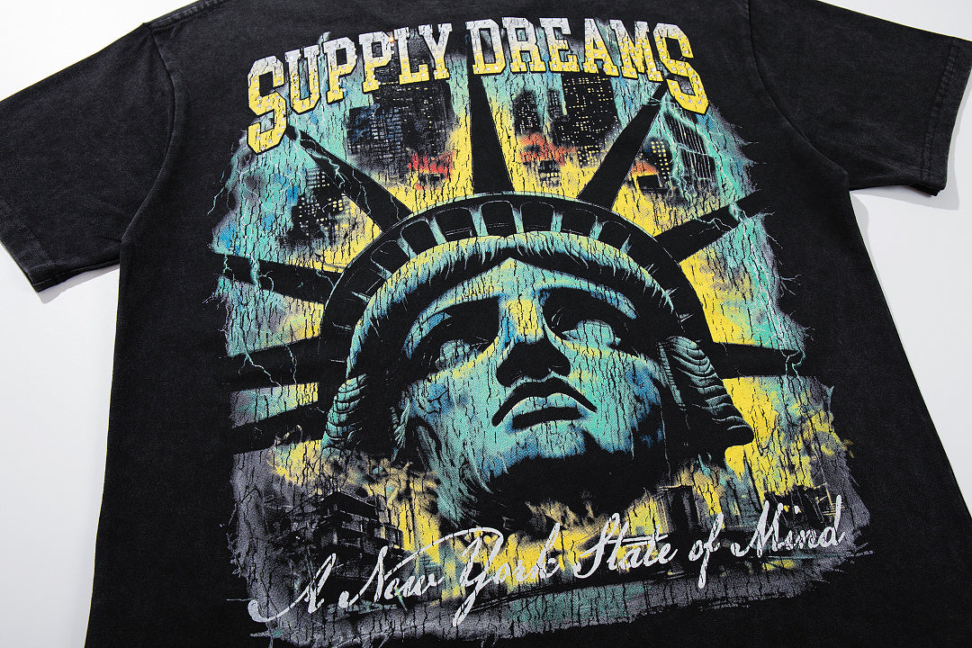 Supply Dreams Black‑Washed Double‑Sided Graphic Print Crew‑Neck Streetwear T‑Shirt