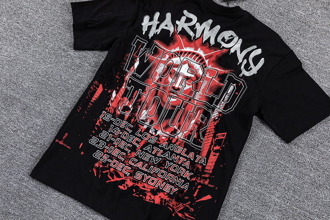 HVM Harmony Red Dark Portrait Black Double‑Sided Graphic Print Crew Neck Streetwear T‑Shirt
