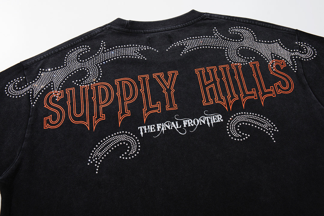 Supply Hills Black‑Washed Double‑Sided Graphic Print Crew‑Neck Streetwear T‑Shirt