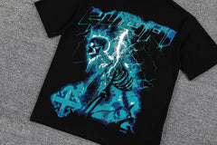 Cyan Lightning Cross Double‑Sided Graphic Print Crew Neck Streetwear T‑Shirt