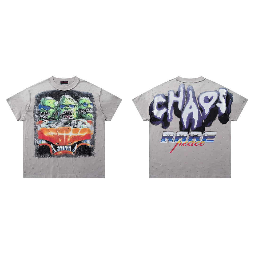 Chaos Race Car Grey Washed Double‑Sided Graphic Print Crew‑Neck Streetwear T‑Shirt