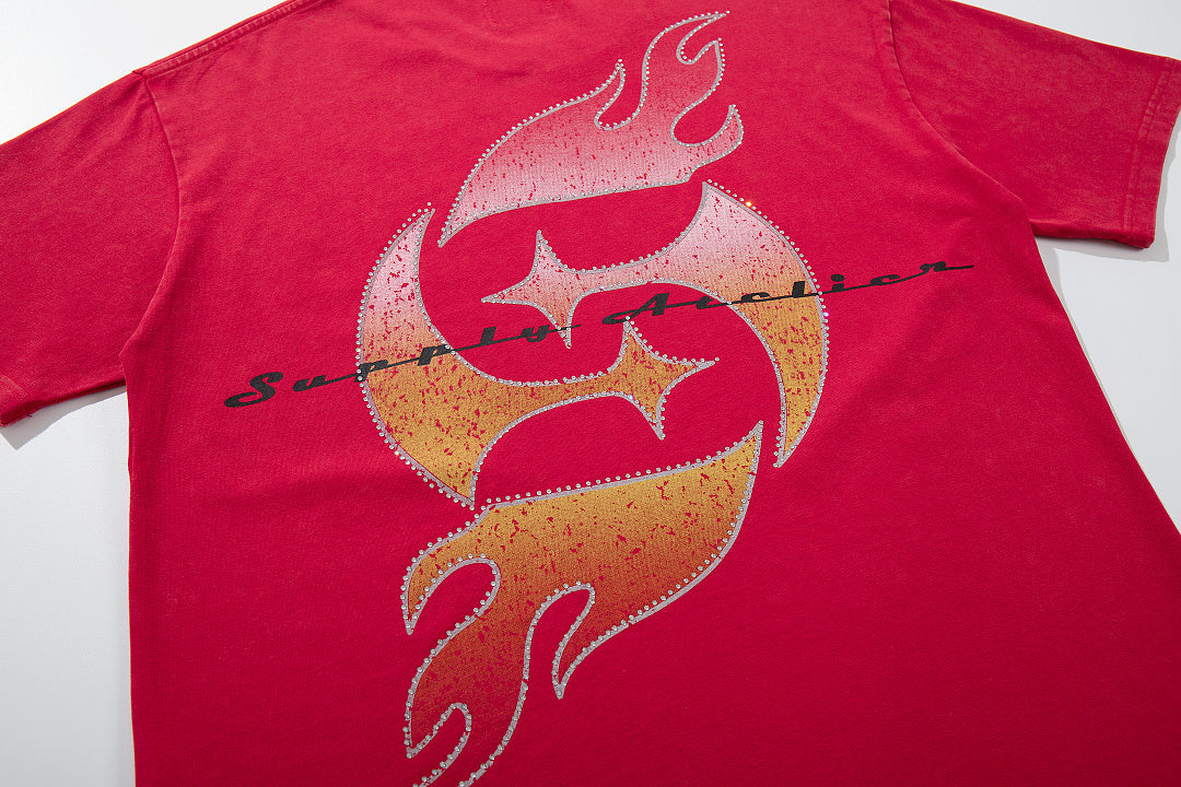 Vintage Cloud Cherub Red Vintage‑Washed Double‑Sided Graphic Print Crew‑Neck Streetwear T‑Shirt